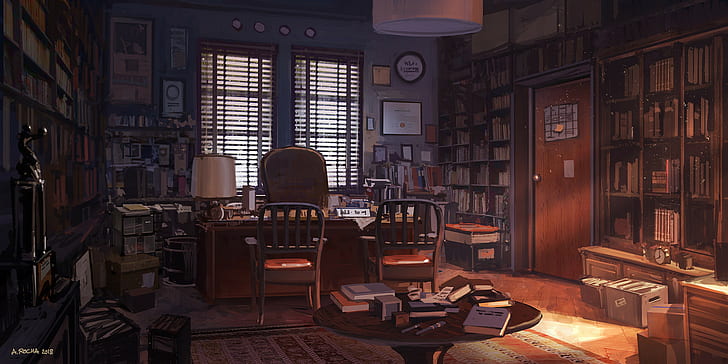 Andreas Rocha, room, books, chair, table, carpet, door, window, HD wallpaper