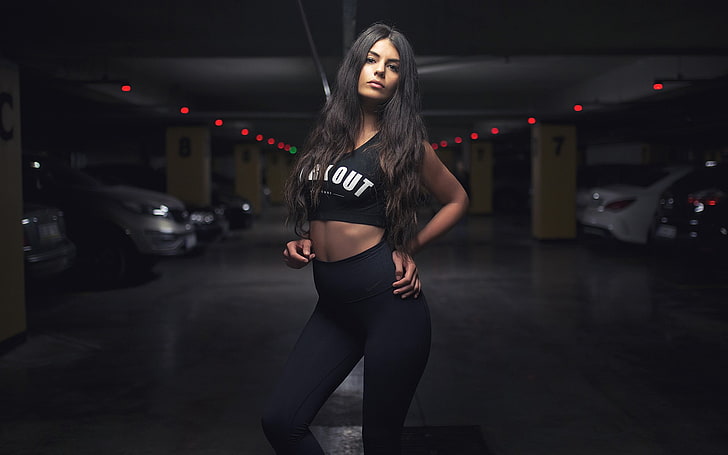 women's black crop top and pants outfit, model, Black clothes, HD wallpaper
