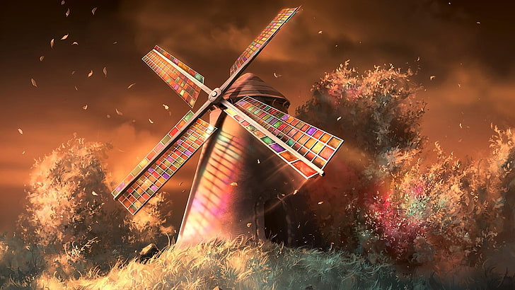 color, wind, leaf, amazing, windmill, digital art, sky, artwork, HD wallpaper