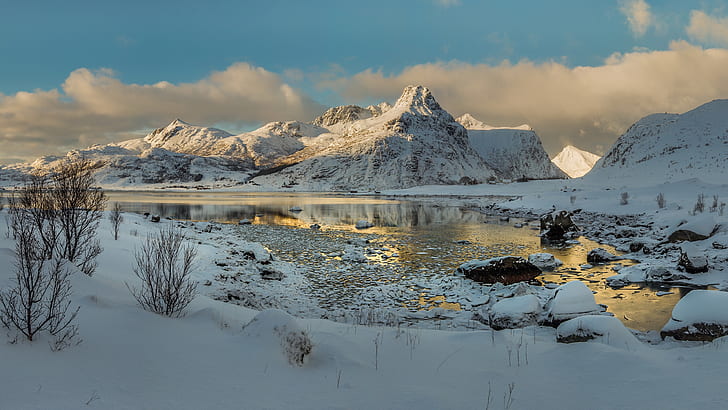 nature, landscape, mountains, snow, Norway, Lofoten, HD wallpaper