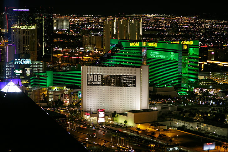 green MGM Grand Hotel, night, city, the city, Las Vegas, casino, HD wallpaper