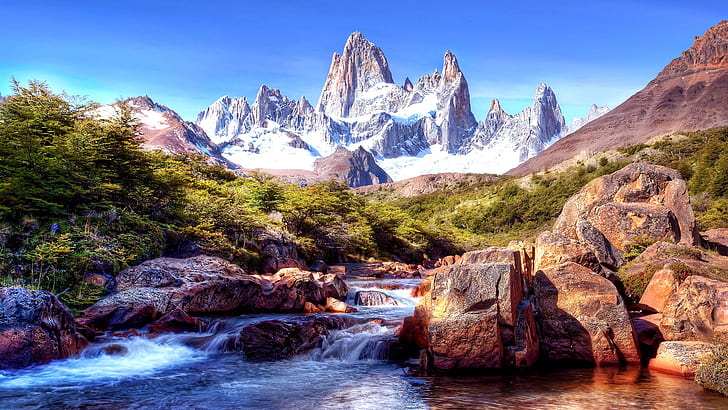 stream, argentina, cerro chaltén, cerro chalten, fitz roy, HD wallpaper