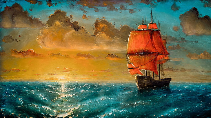 sail ship painting, artwork, Pavel Korneev, nautical vessel, water
