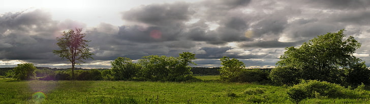 green leafed trees, clouds, landscape, multiple display, overcast, HD wallpaper