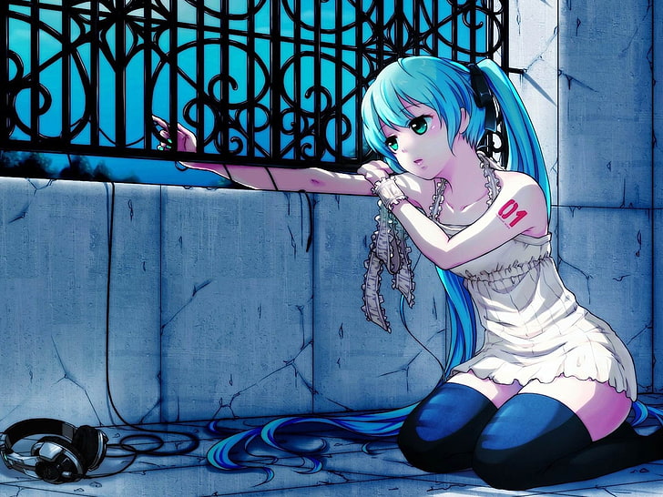 girl hair headphones sadness fence-Anime design wa.., Hatsune Miku illustration