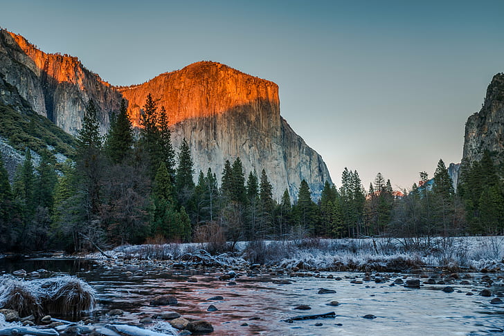 photography brown mountain near body of water, el capitan, valley view, el capitan, valley view