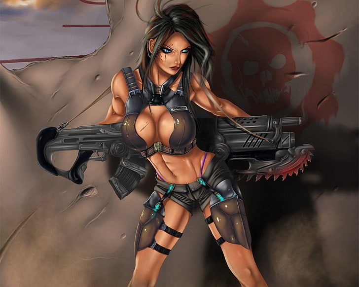 Gears of War character digital wallpaper, girl, weapons, blood