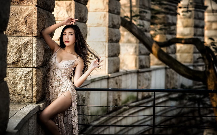 dress, legs, women outdoors, arms up, long hair, Asian, model