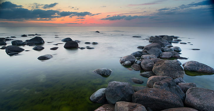 grey stones on water under white clouds, HDR, seascape, rocks, HD wallpaper