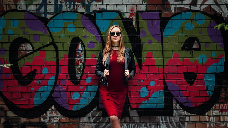 women, red dress, blonde, wall, graffiti, leather jackets, bricks