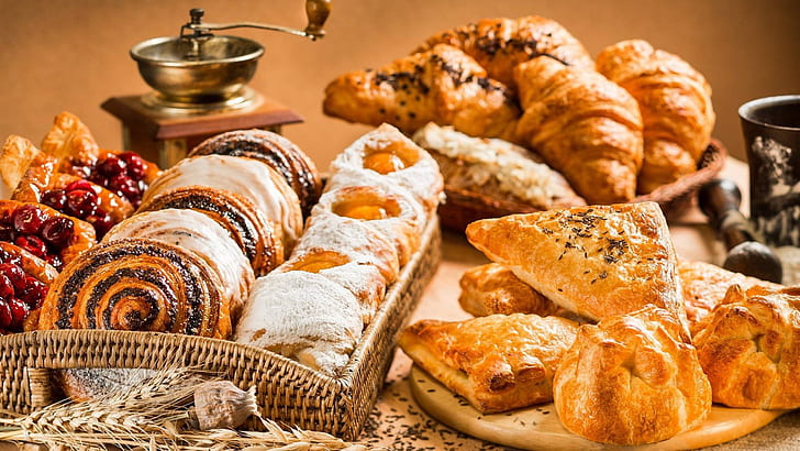 baked goods, pastry, bakery, breakfast, finger food, croissant, HD wallpaper