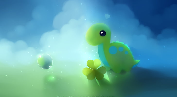 Cute Dino, green dinosaur illustration, Artistic, Fantasy, Beautiful