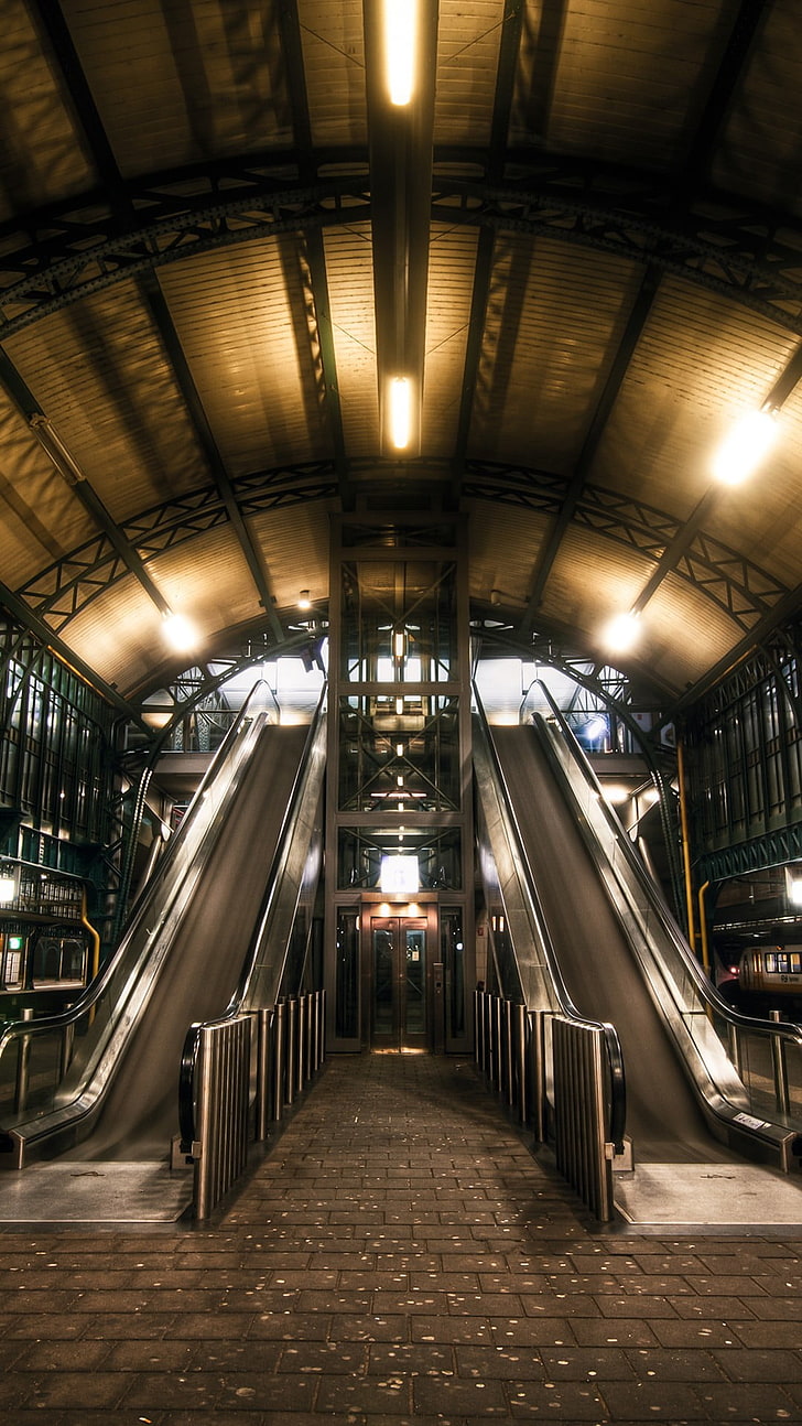 two gray escalators, train station, illuminated, architecture, HD wallpaper