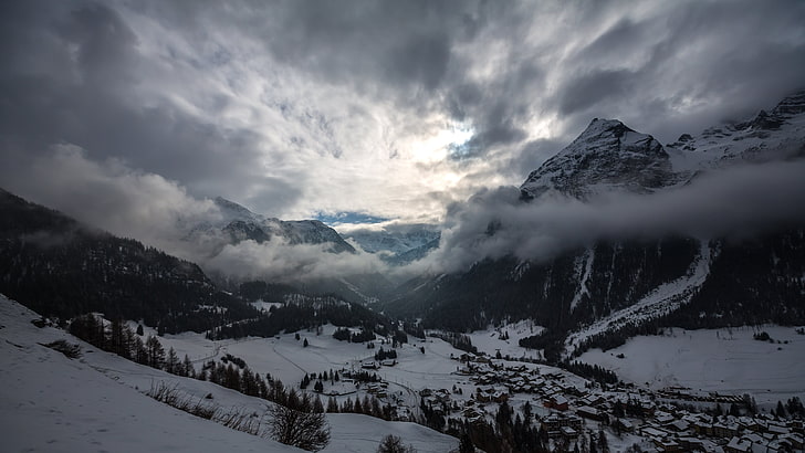nature, landscape, clouds, mountains, snow, mist, cold temperature, HD wallpaper