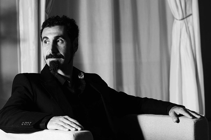 men's black suit jacket, musician, monochrome, singer, Serj Tankian