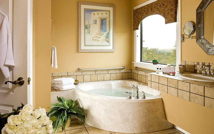 white ceramic bath tub, bathroom, light, comfort, design, style, HD wallpaper