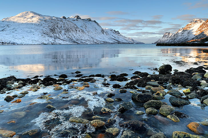body of water beside snow covered mountain, Frozen Sea, Norway, HD wallpaper