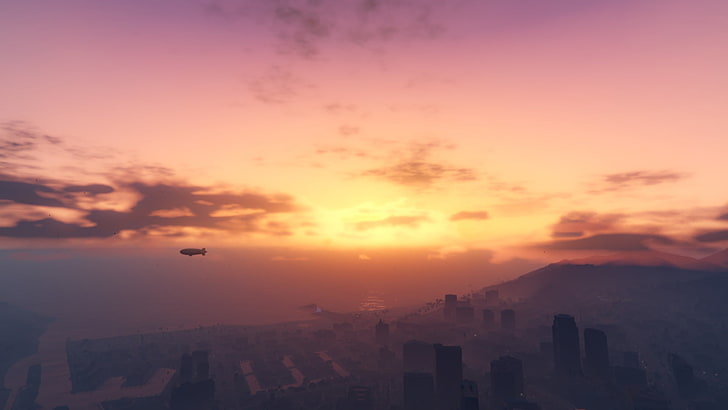 sunrise, Grand Theft Auto V, sunset, sea, city, clouds, sky, architecture