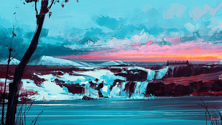 artwork, Aenami, cyan, pink, cold temperature, winter, snow, HD wallpaper