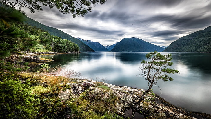 coast, dragsviki, lake, mountains, nature, norway, scenery, HD wallpaper