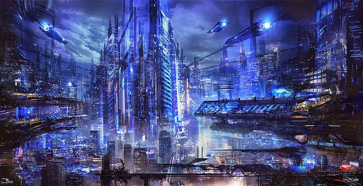 digital art, science fiction, futuristic city, night, illuminated