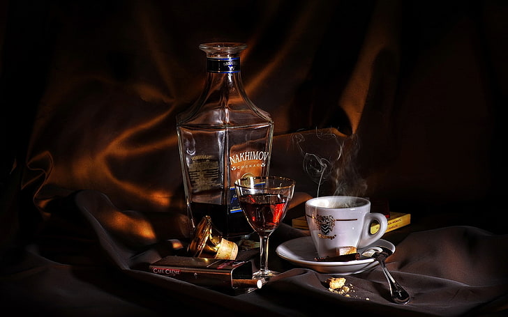 clear wine glass, background, coffee, cigarette, pack, cognac