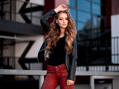 HD wallpaper: women, leather leggings, leather jackets, portrait, women  outdoors