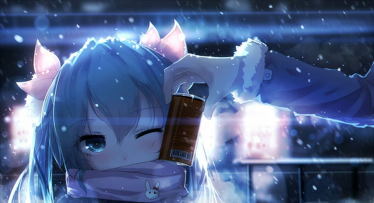 hatsune miku, snow, scarf, winter, coffee, vocaloid, cute, Anime