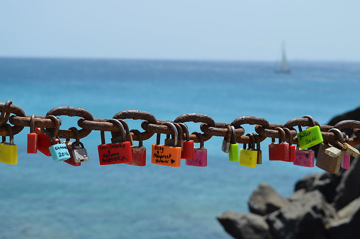 assorted-color padlock lot, locks, chain, sea, sky, security, HD wallpaper