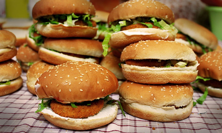bread, burger, chicken, food, greens, nugget, yum, unhealthy eating, HD wallpaper