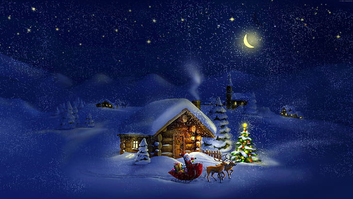 house, 4K, night, Santa, New Year, Christmas, deer, snow, winter
