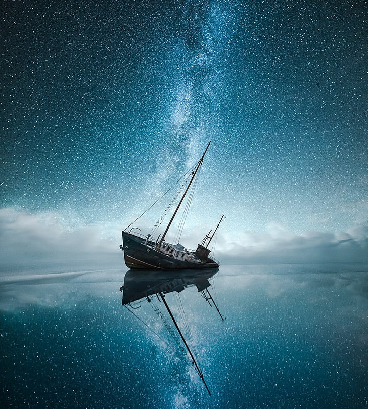 Milky way, space, stars, universe, nautical vessel, water, sea