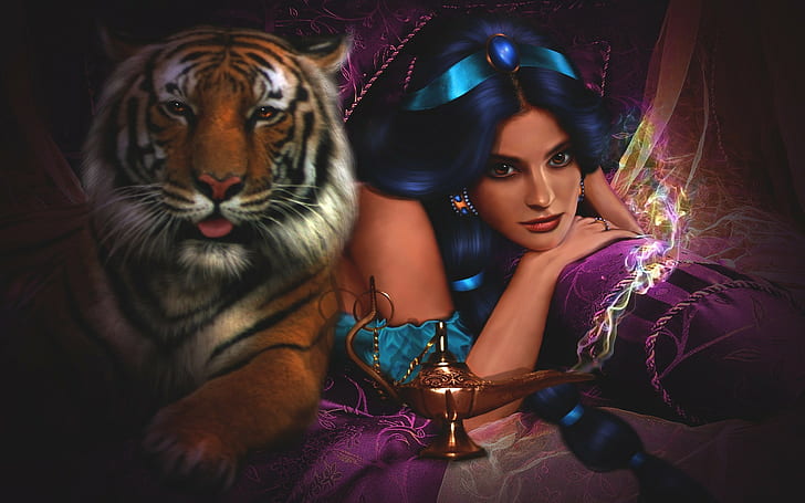 girl, tiger, tale, anime, disney, Jasmine, Aladdin (Disney), HD wallpaper