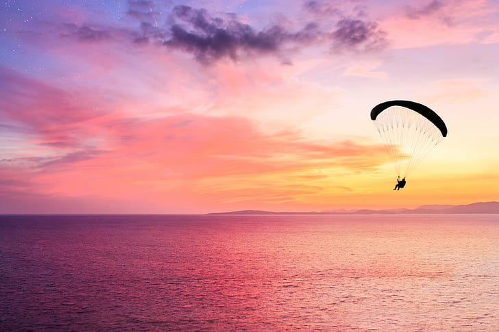 photography of man in parachute above sea under orange sky, Canon 450D, HD wallpaper