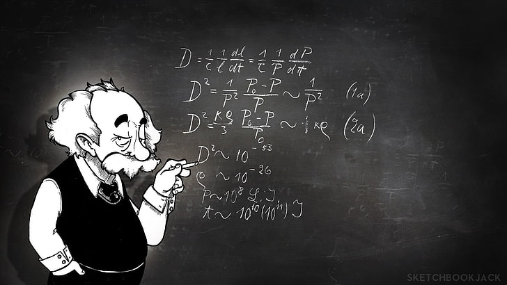 science, Albert Einstein, humor, monochrome, artwork, blackboard, HD wallpaper
