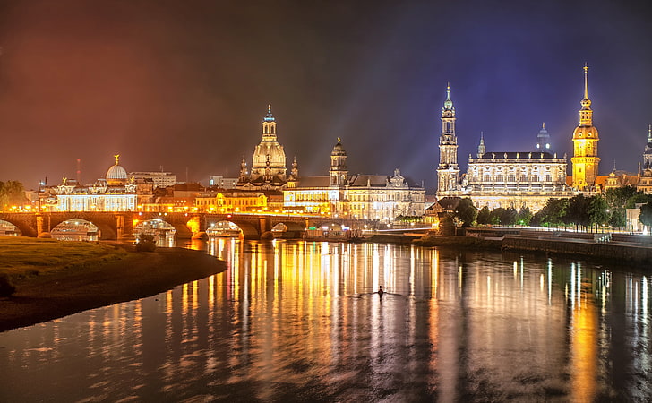 Dresden, Elbe River, Germany, Night, Europe, City, Travel, Artistic, HD wallpaper