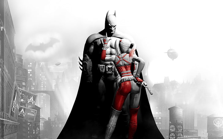 Batman and Harley Quinn digital wallpaper, selective coloring, HD wallpaper