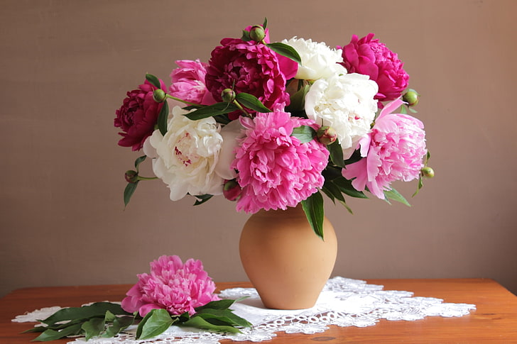 pink and white peony flower arrangement, bouquet, colorful, peonies, HD wallpaper