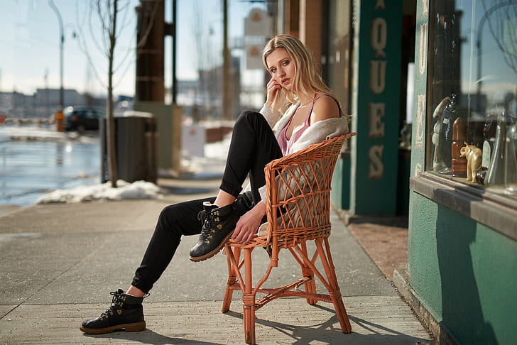 sitting, blonde, model, Kyle Cong, urban, women outdoors, street