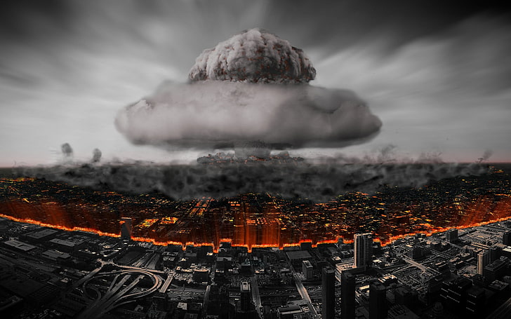 city building with bomb explosion, nuclear bomb mushroom digital wallpaper