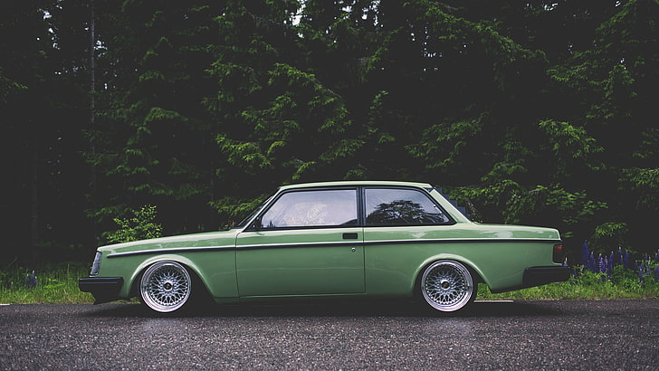 green coupe, volvo, volvo 242, side view, car, land Vehicle, retro Styled