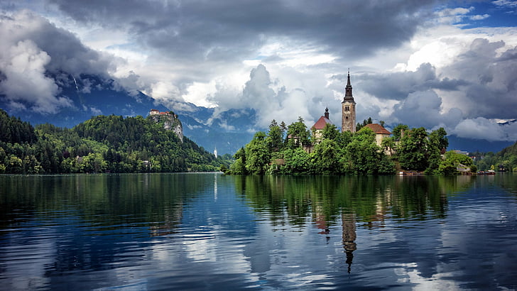 bled, cathedral, church, lake, nature, slovenia