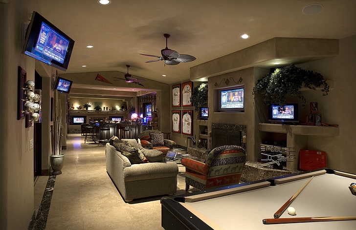 gray couch, room, sofa, bar, Billiards, chairs, fireplace, game