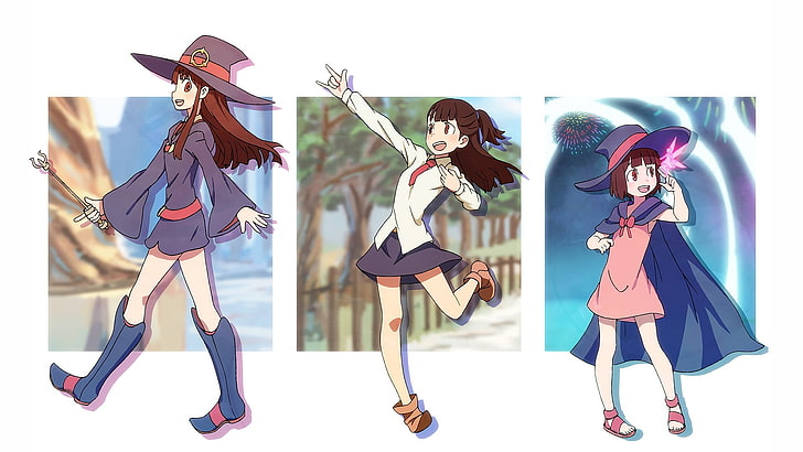 girl wearing school uniform and wizard clothes illustration, Little Witch Academia