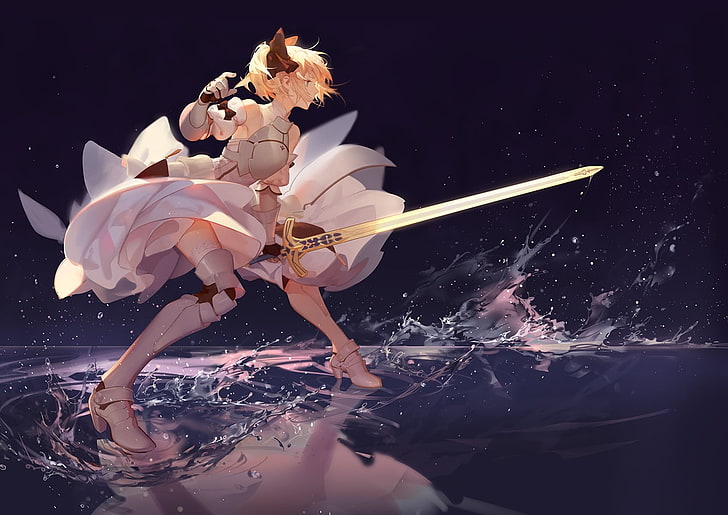 anime girls, sword, Fate Series, blonde, Saber Lily, gauntlets