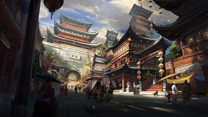 artwork, China, cityscape, fantasy city, digital art, street