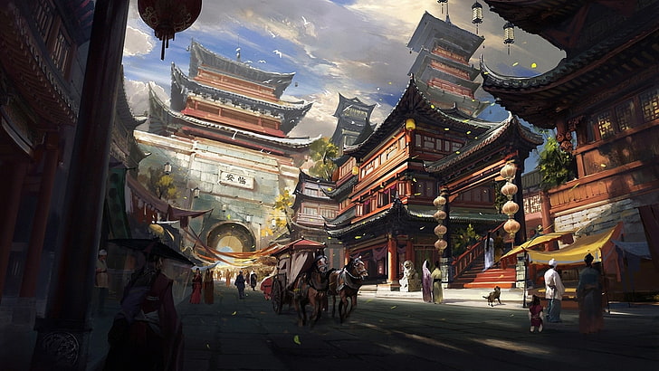 brown and black pagoda temple wallpaper, people on streets near temple