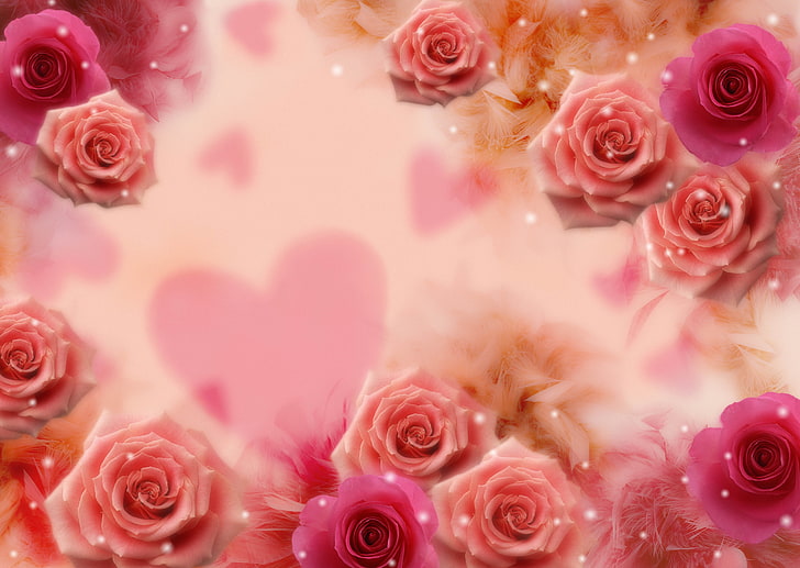 pink rose illustrations, card, background, hearts, rose - Flower, HD wallpaper