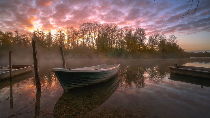 boat, reflection, sky, water, mist, dawn, river, rowing boat, HD wallpaper