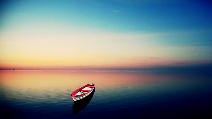 boat, water, sea, sky, vehicle, sunlight, nature, calm, colorful